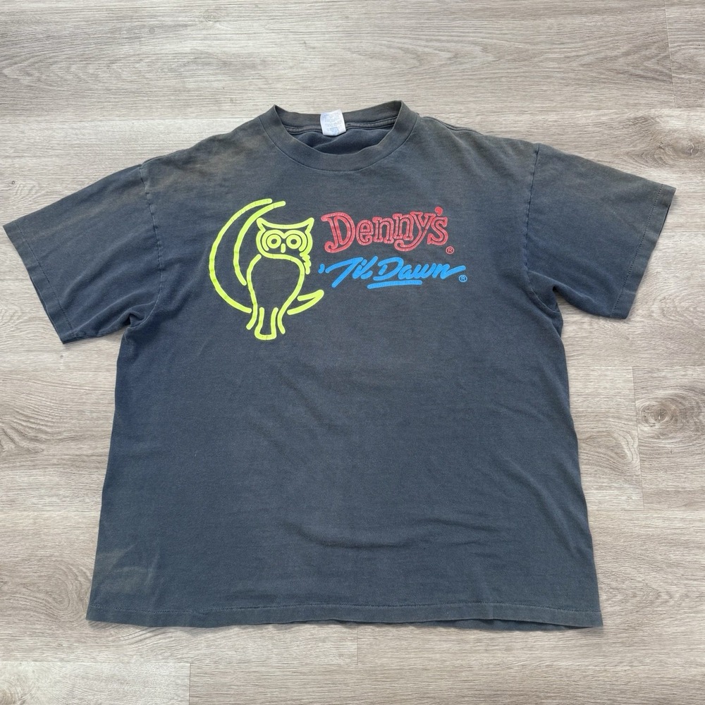 Vintage 90s Dennys Til Dawn Promo T Shirt XL Single Stitch Sun Faded Black USA